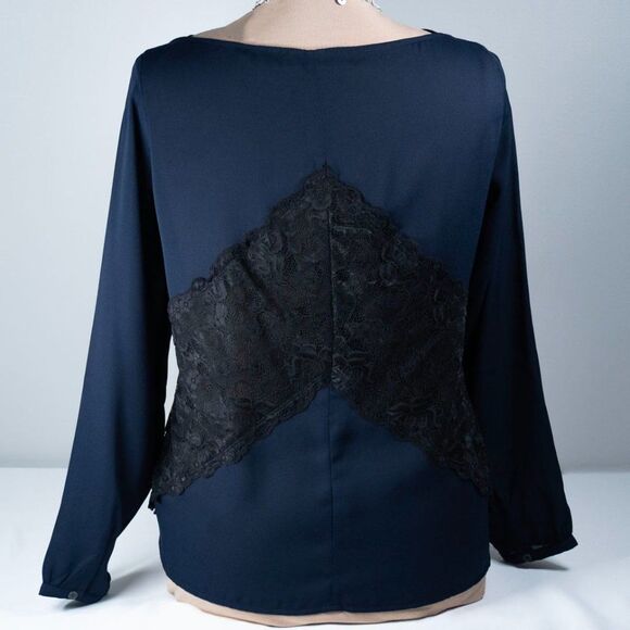LOFT Forever Navy Black Lace Paneled Blouse - Picture 9 of 11